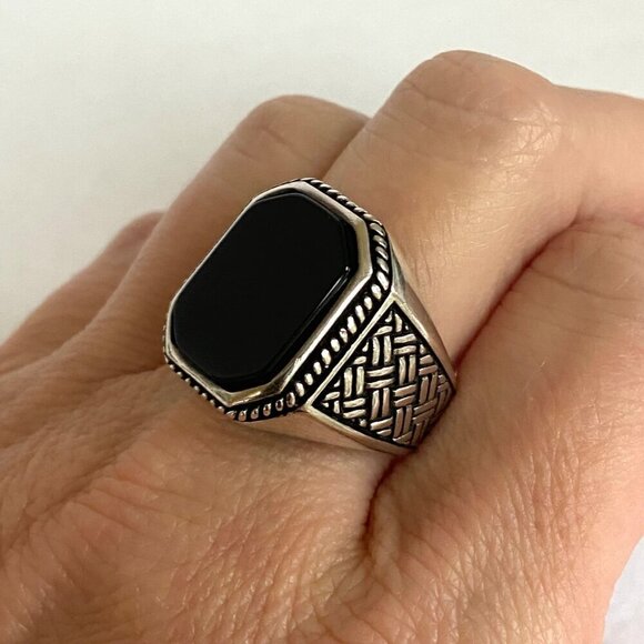 Sterling Silver 925 BS Black Onyx Signet Style Basketweave Unisex Band Ring Sz 9 - Picture 4 of 16